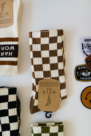 checkerboard crew socks | rust + cream