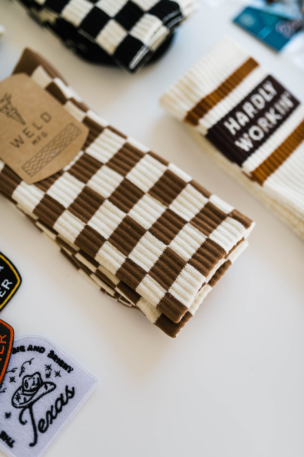 checkerboard crew socks | rust + cream