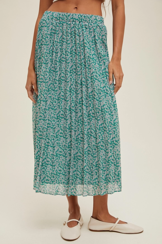 pleated ditsy floral midi skirt | green + white