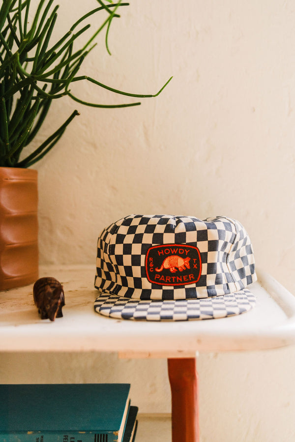 howdy armadillo patch | slate and cream checkered hat