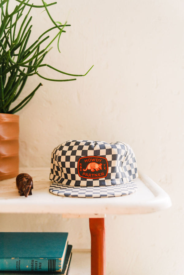 howdy armadillo patch | slate and cream checkered hat