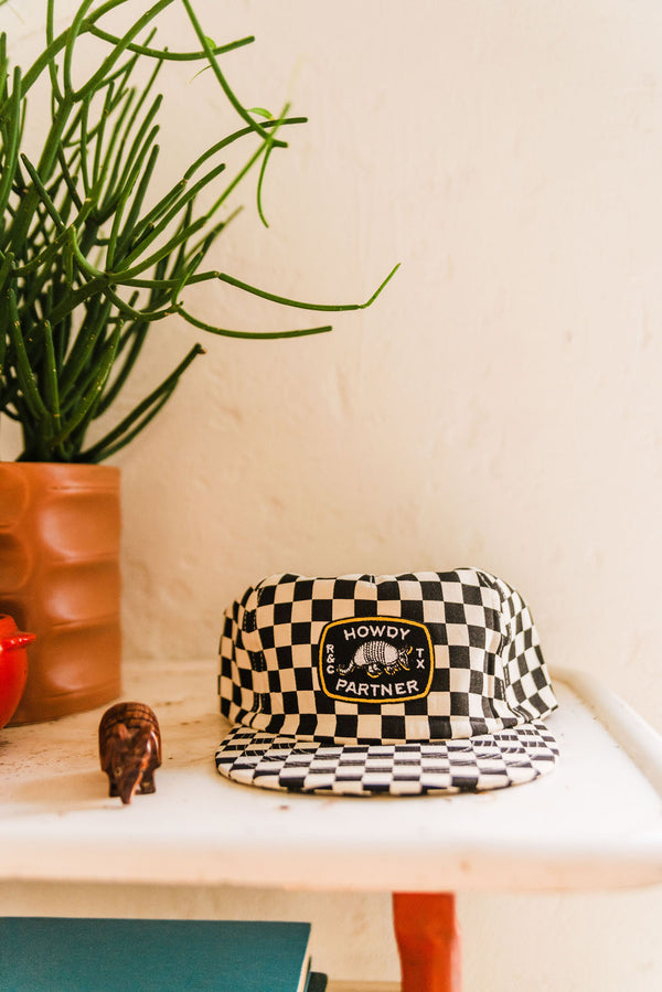 howdy armadillo patch | black + cream checkered hat