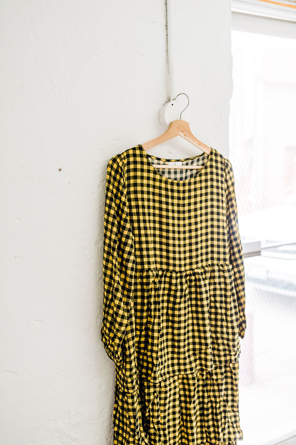 long sleeve tiered midi dress | yellow + black gingham on