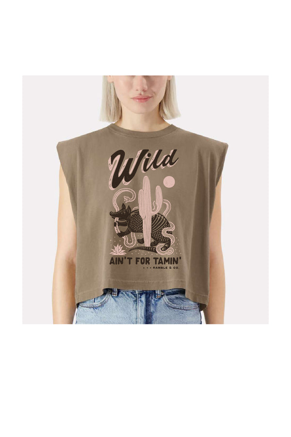 wild ain't for tamin' desert | faded brown boxy muscle tee