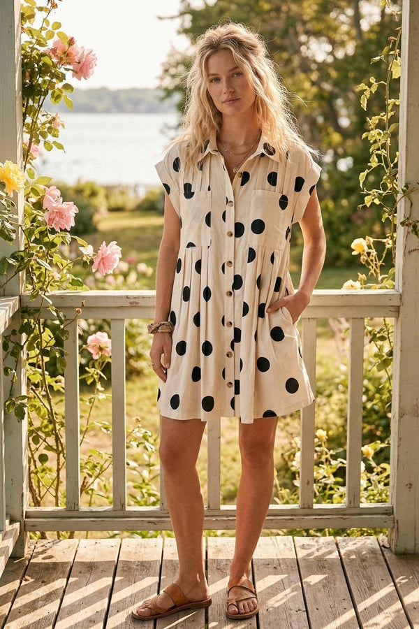 polka dot pleated poplin mini dress | cream + black