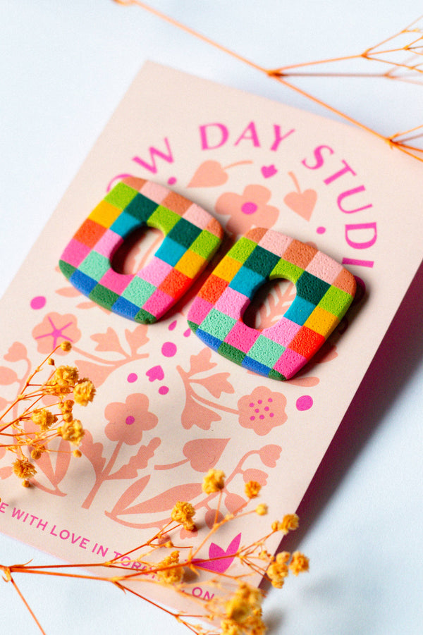 clay statement earrings | rainbow checkerboard