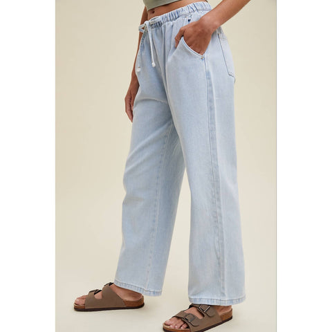 washed drawstring baggy denim pants | denim