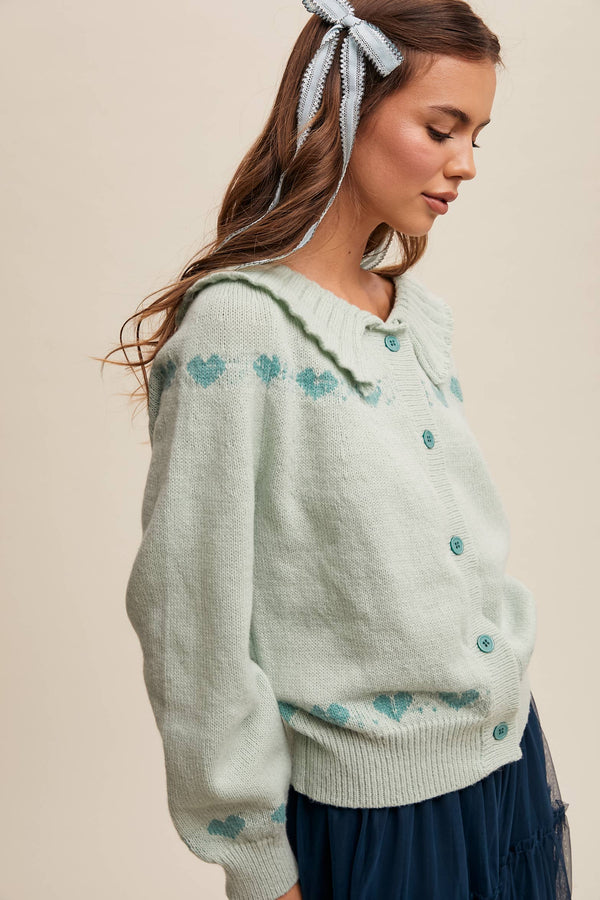 heart pattern knit cardigan | aqua mint