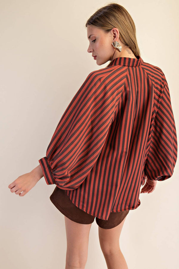 button front stripe shirt | rust