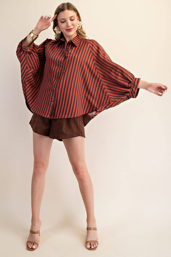 button front stripe shirt | rust