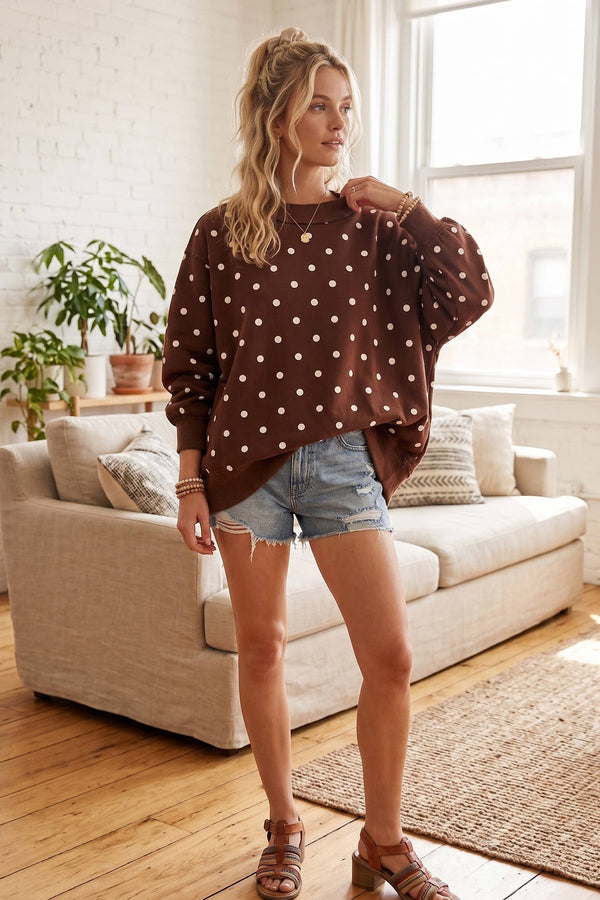 oversized polka dot scuba pullover | brown + white