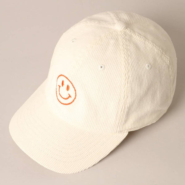 happy face embroidered corduroy baseball cap | off white