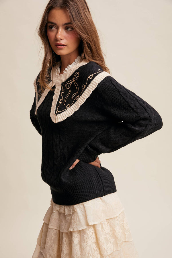bow embroidered cable knit sweater | black