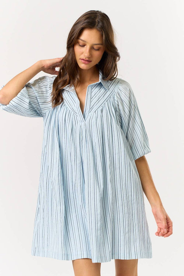 striped puff sleeve dress | blue