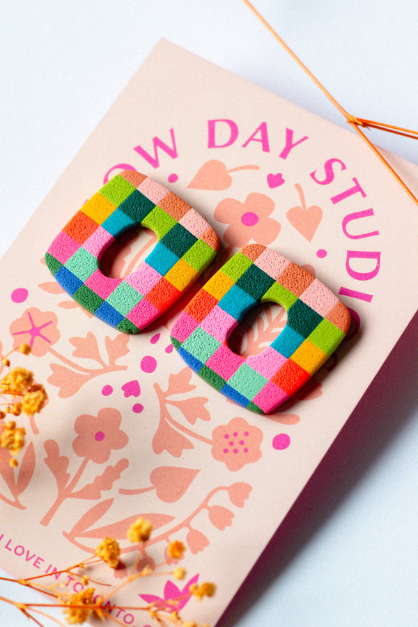 clay statement earrings | rainbow checkerboard