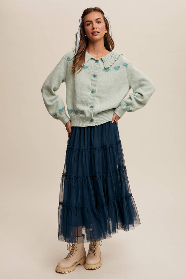 heart pattern knit cardigan | aqua mint