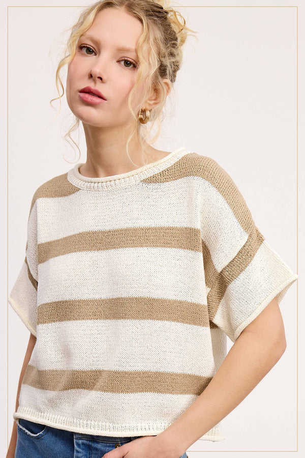 boxy stripe sweater top | taupe + cream