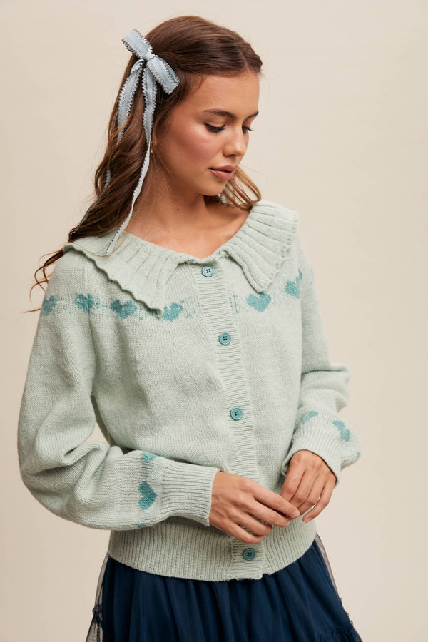 heart pattern knit cardigan | aqua mint