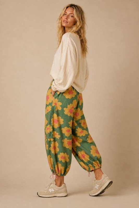 retro floral drawstring pants | mustard + olive