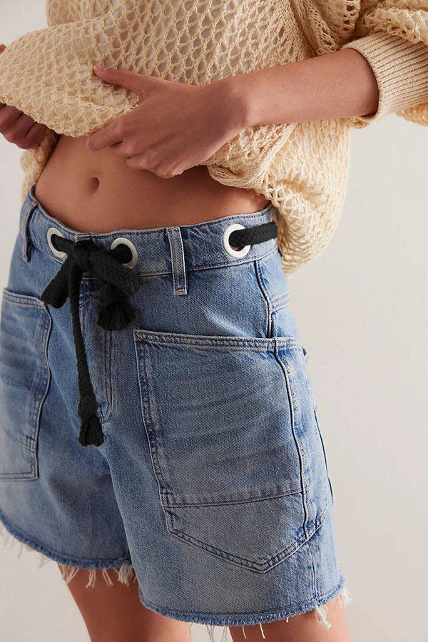 lace-up shorts | blue denim