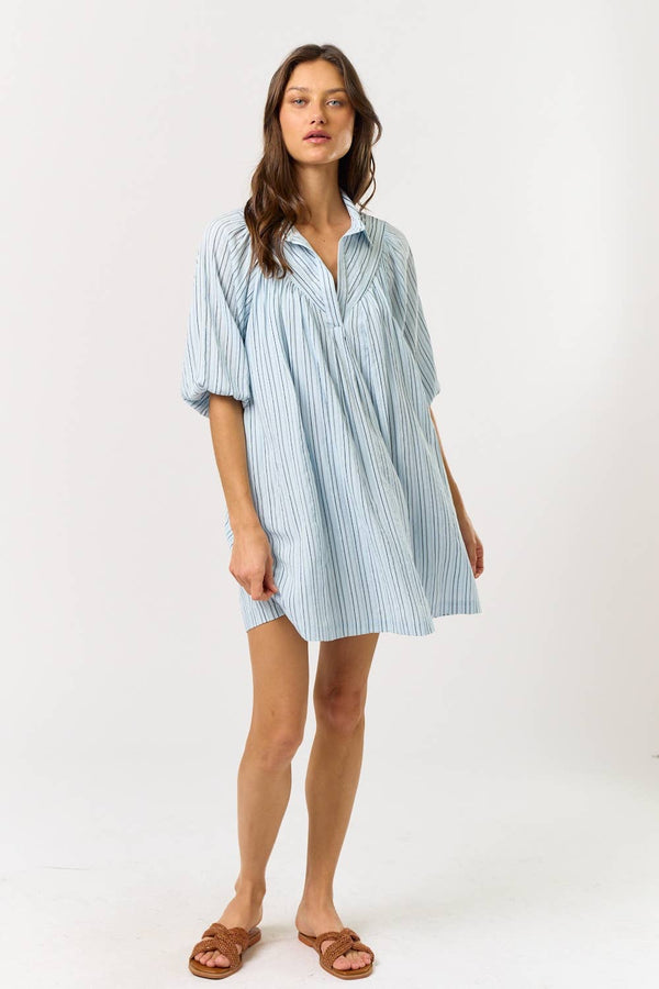 striped puff sleeve dress | blue