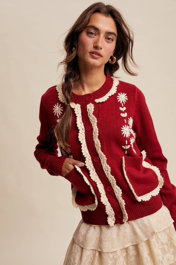 daisy embroidered trim cardigan sweater | crimson