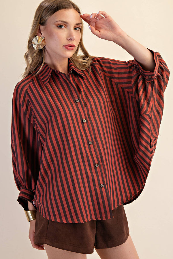 button front stripe shirt | rust