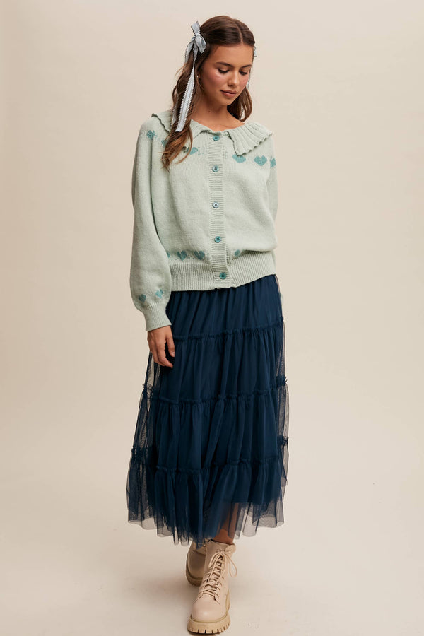 heart pattern knit cardigan | aqua mint