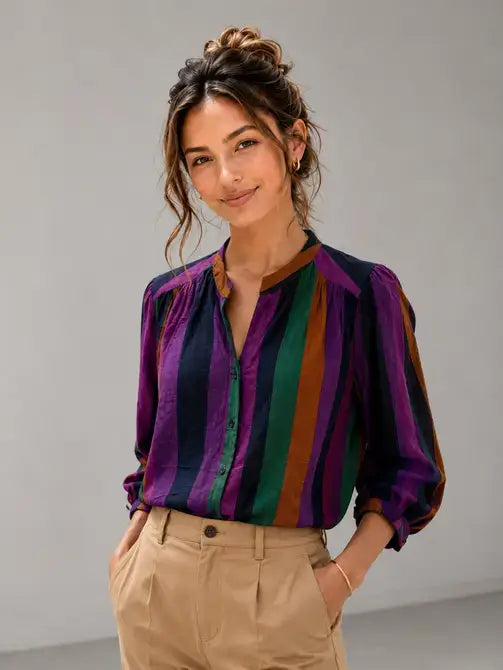 jewel tone button front top | stripes