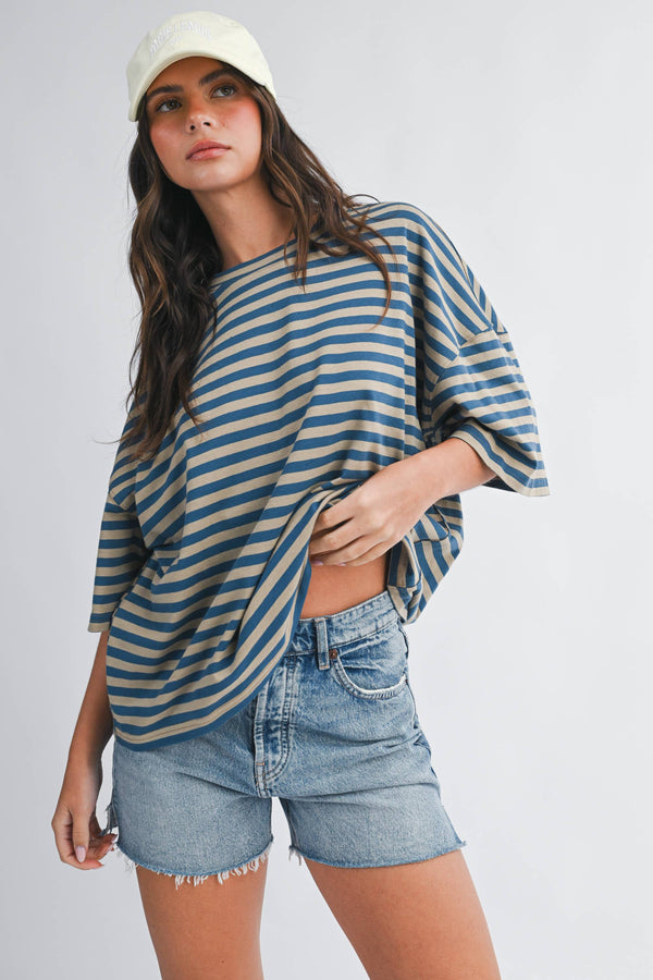 oversized boyfriend tee | blue + tan stripe