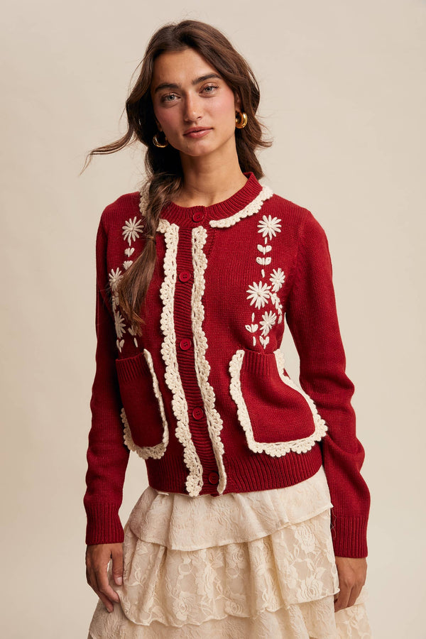 daisy embroidered trim cardigan sweater | crimson
