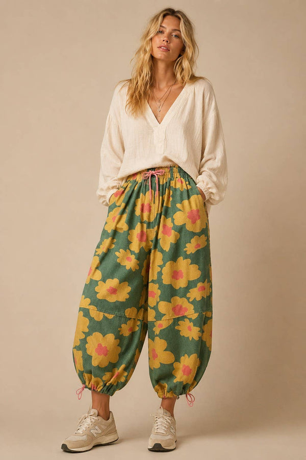 retro floral drawstring pants | mustard + olive