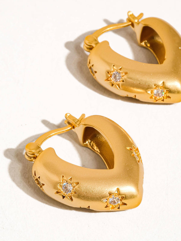 gold star cz heart hoop earring | 18k gold earrings