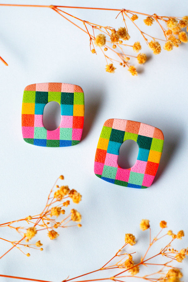 clay statement earrings | rainbow checkerboard