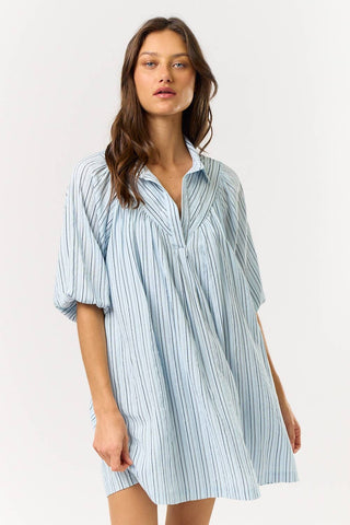 striped puff sleeve dress | blue