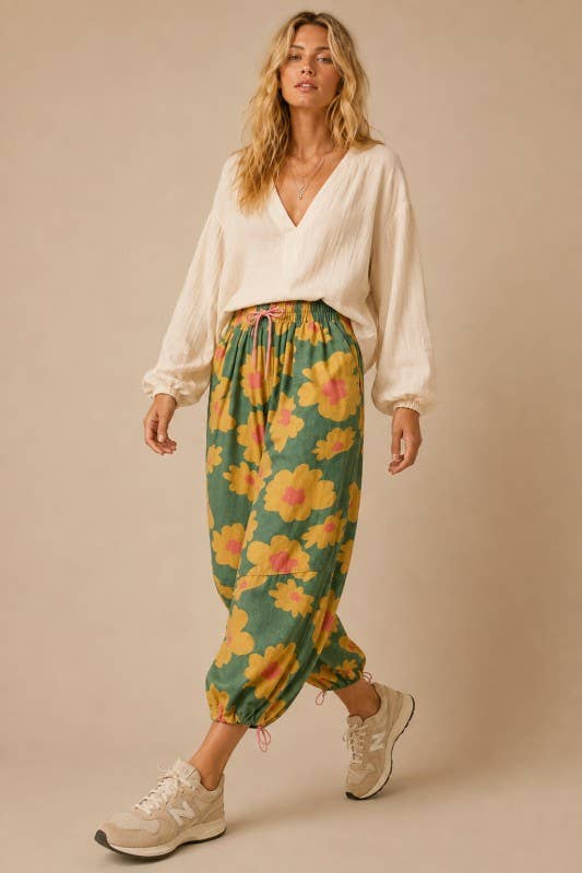 retro floral drawstring pants | mustard + olive