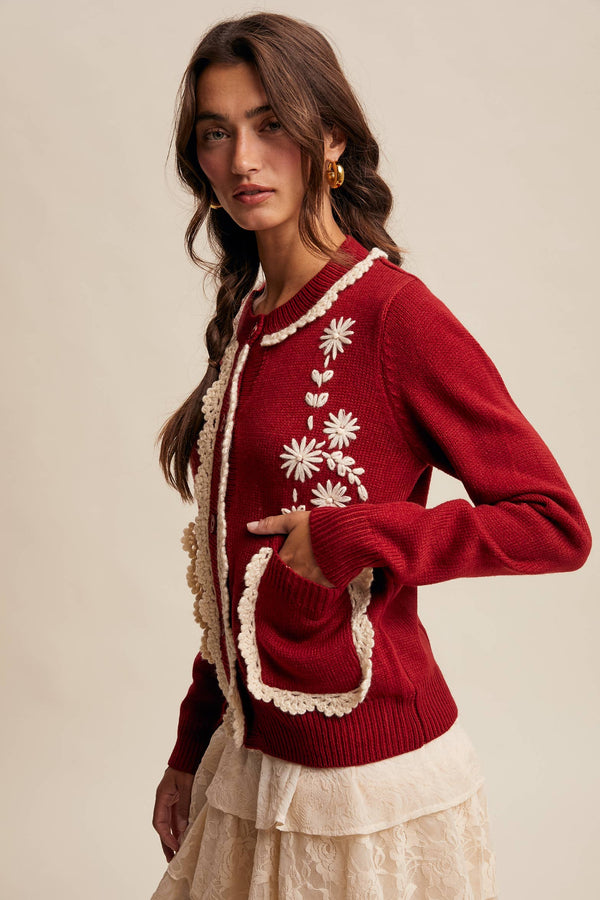 daisy embroidered trim cardigan sweater | crimson