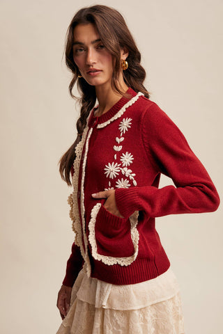 daisy embroidered trim cardigan sweater | crimson