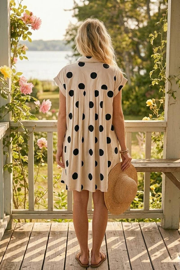 polka dot pleated poplin mini dress | cream + black