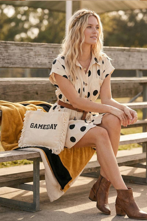 polka dot pleated poplin mini dress | cream + black