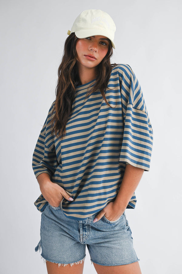 oversized boyfriend tee | blue + tan stripe
