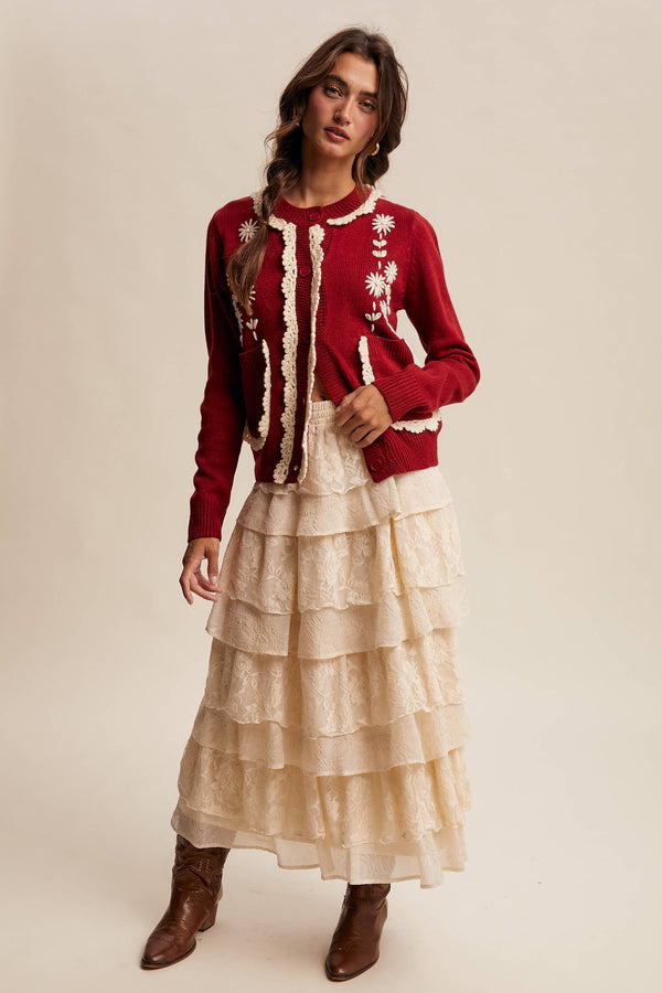 daisy embroidered trim cardigan sweater | crimson