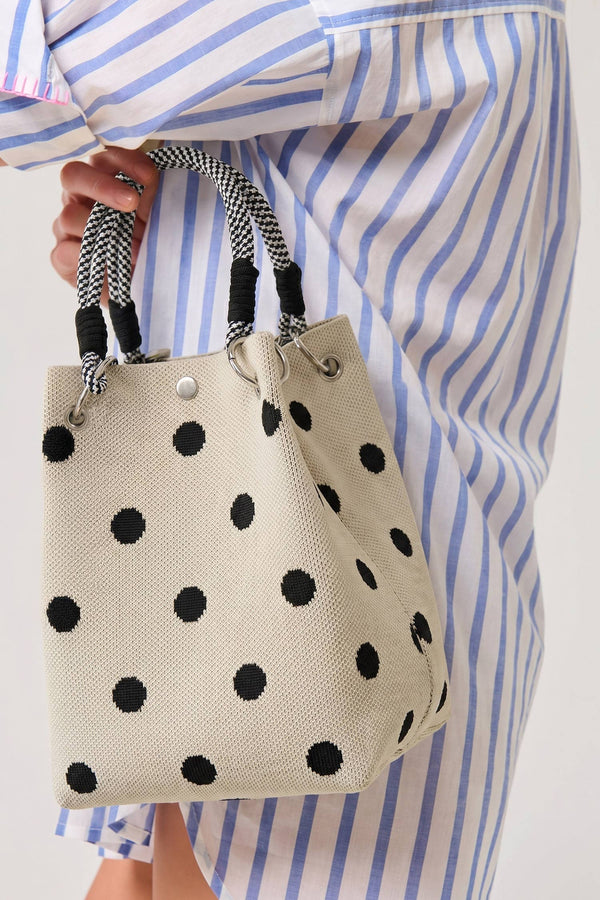 polka dot rope hand bag | black and cream
