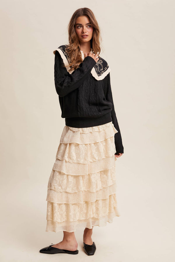 bow embroidered cable knit sweater | black