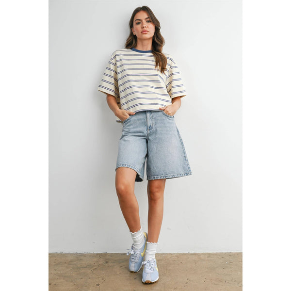 boxy stripe crop tee | ivory + blue