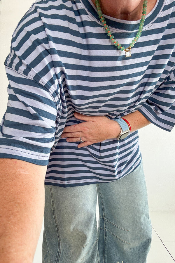 oversized boyfriend tee| blue + lavender stripe