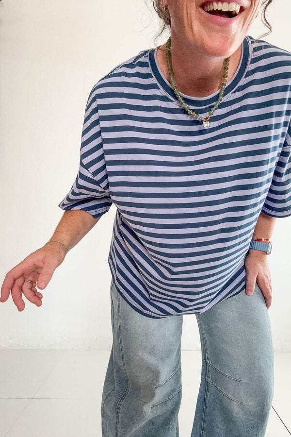 oversized boyfriend tee| blue + lavender stripe