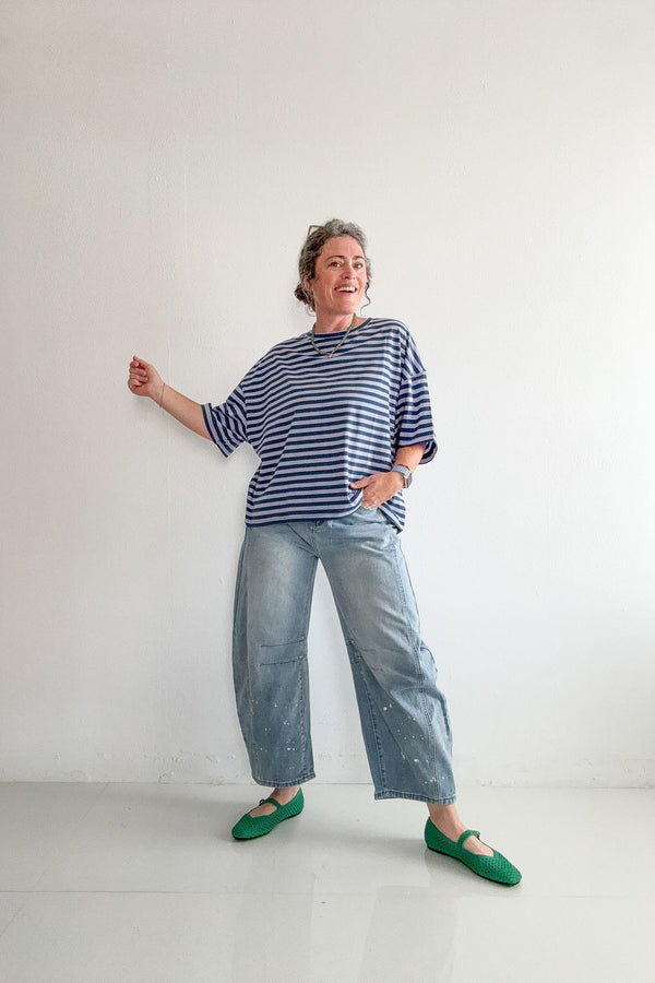 oversized boyfriend tee| blue + lavender stripe