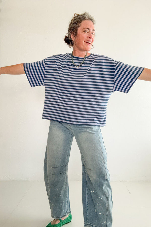 oversized boyfriend tee| blue + lavender stripe