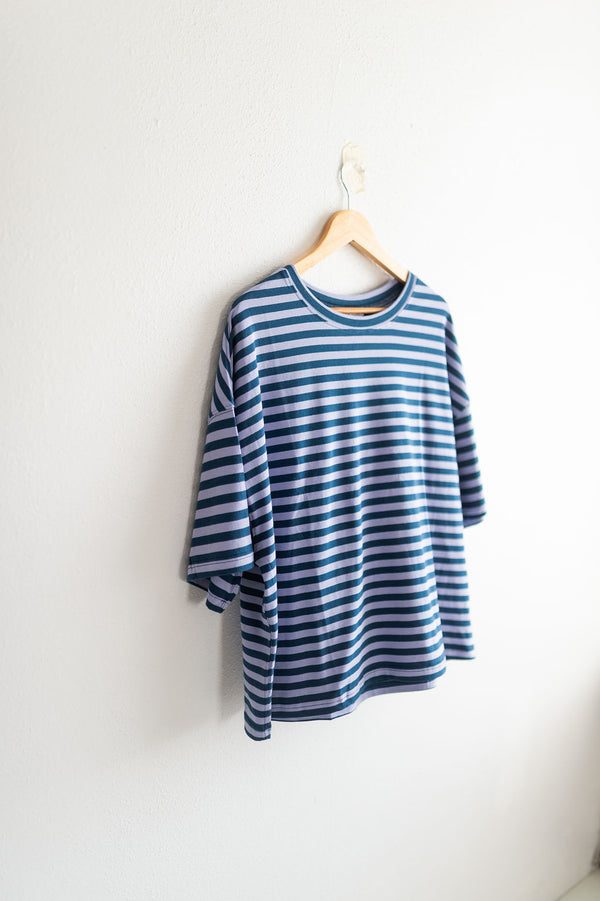 oversized boyfriend tee| blue + lavender stripe